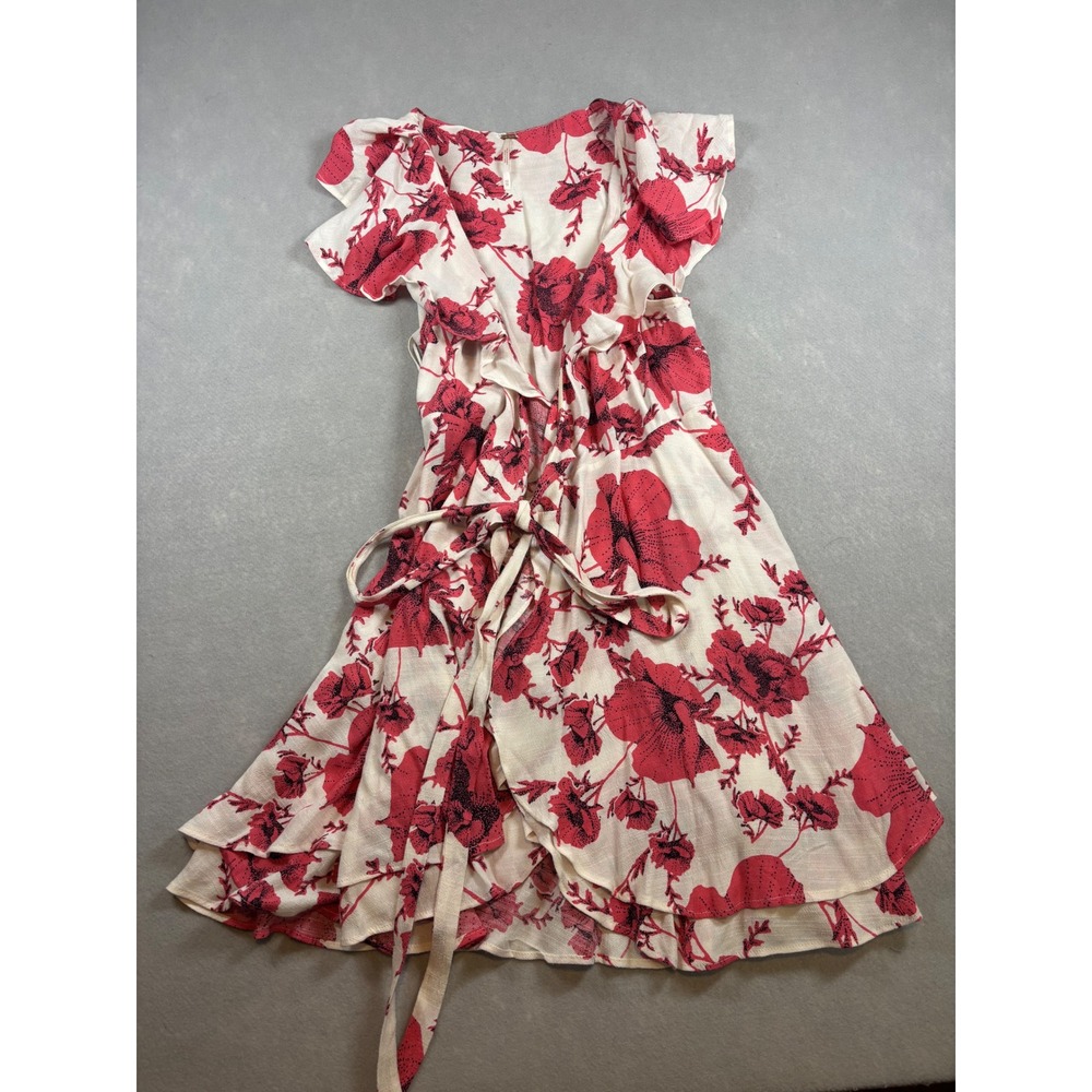 Free People Red Floral Wrap Dress Ruffle Mini XS Boho Short Sleeve Tiered Hem